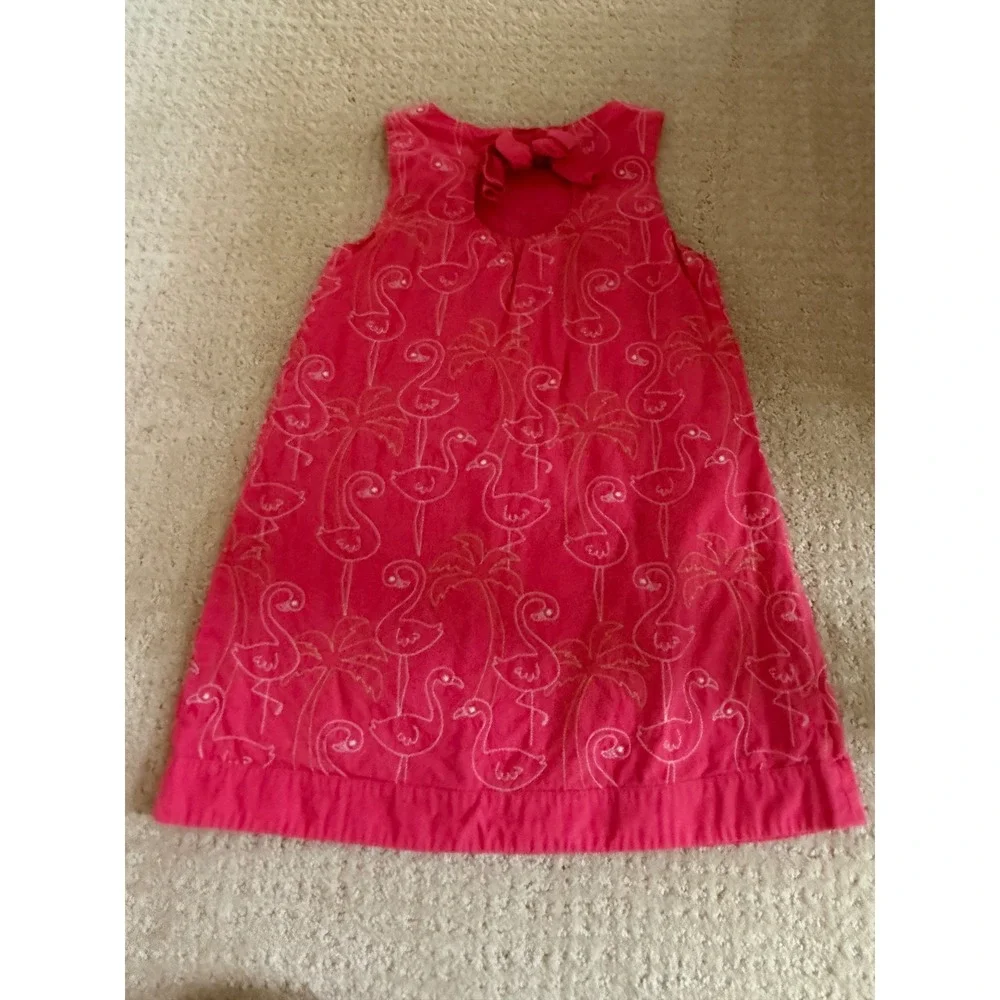 Gymboree Shift Dress Girls 5T Pink Flamingo Palm Tree Embroidered Bow